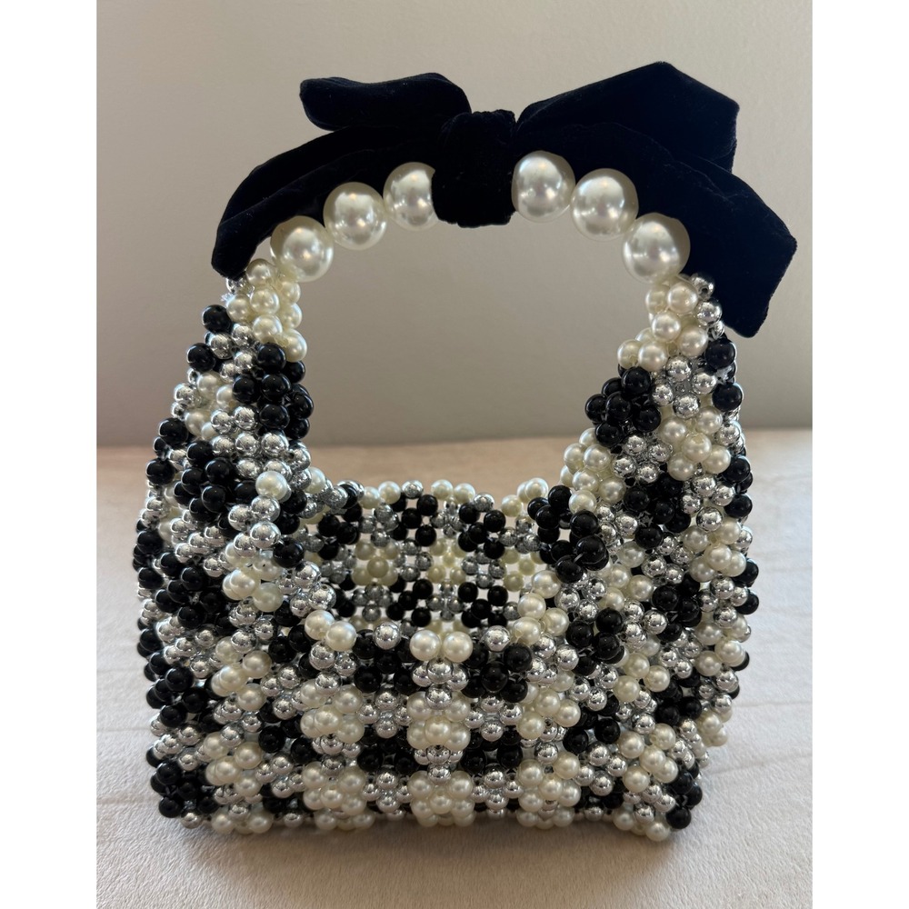 Beaded Mini Tote Bag Faux Pearl Velvet Bow Evening Handbag Black White Silver